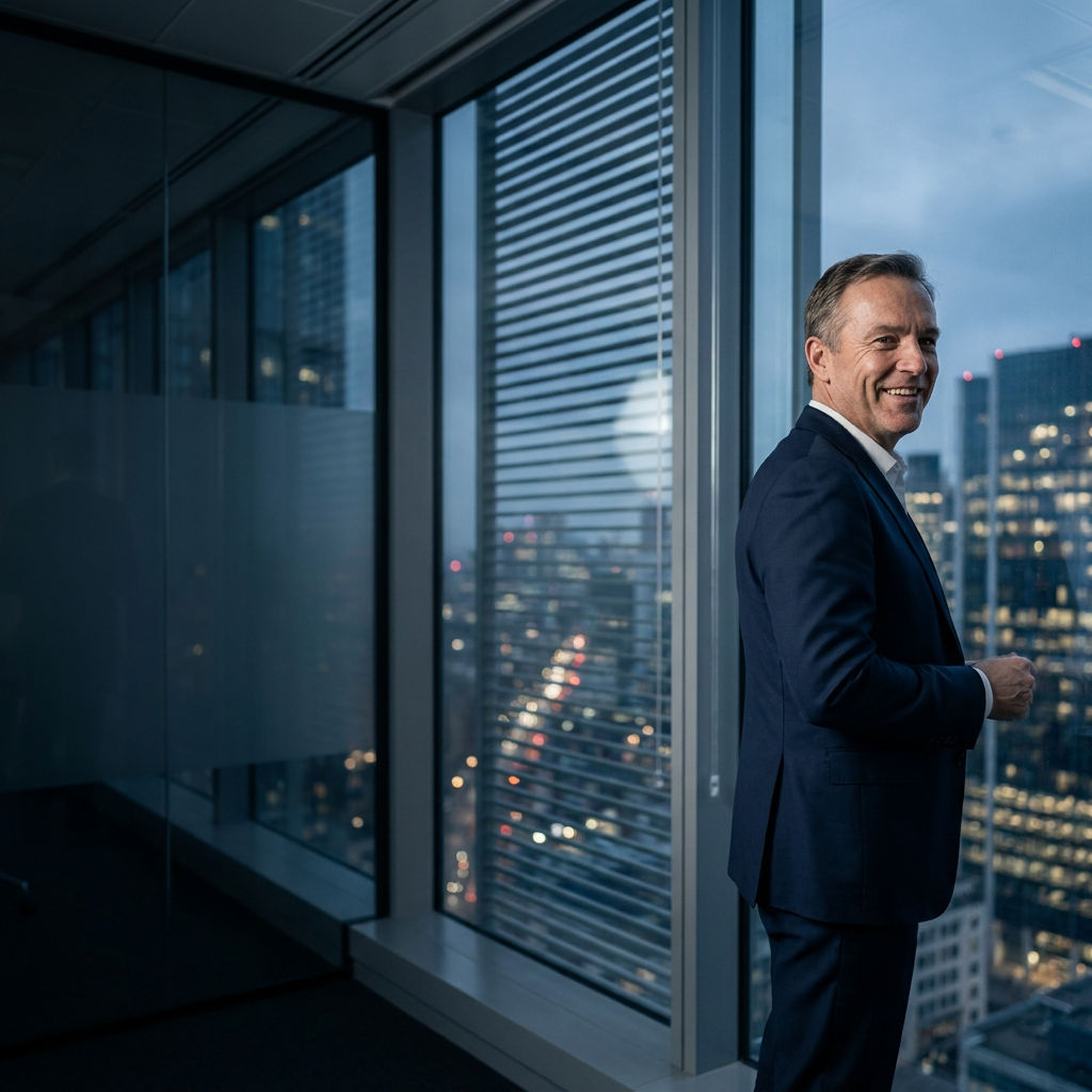 BluePoint Advisory partner in a modern office at dusk